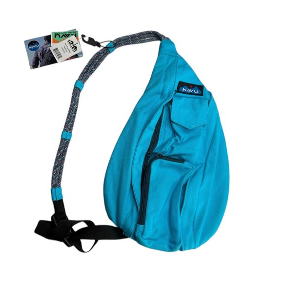 KAVU New NWT Sling Pack Backpack Turquoise Blue.Rope Handles.Mini Rope Bag.